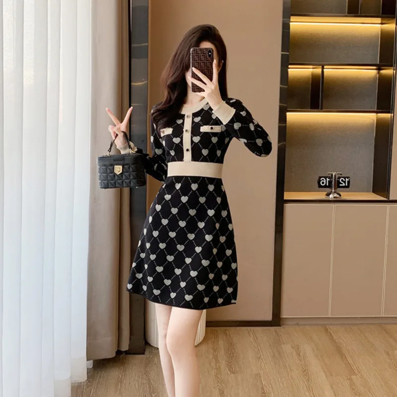 #0962 Black Plaid Kntted Mini Dress Round Neck Buttons High Waisted Vintage Short Vintage Sweater Dress Women Elegant Autumn2023