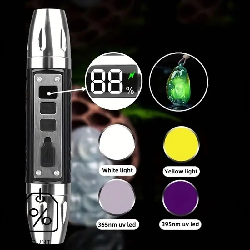 ABJO-LED Torcia LCD Torcia di identificazione della giada 4-in-1 UV 365Nm/395Nm Ambra Cera d'api Gioielli Nero