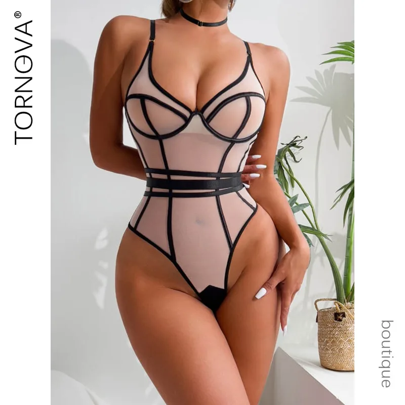 

Tornova Sexy Lingerie Onesie Suit for Women Mesh Joints Patchwork Sexy Perspective Body Shaping and Backless Suspender Jumpsuit