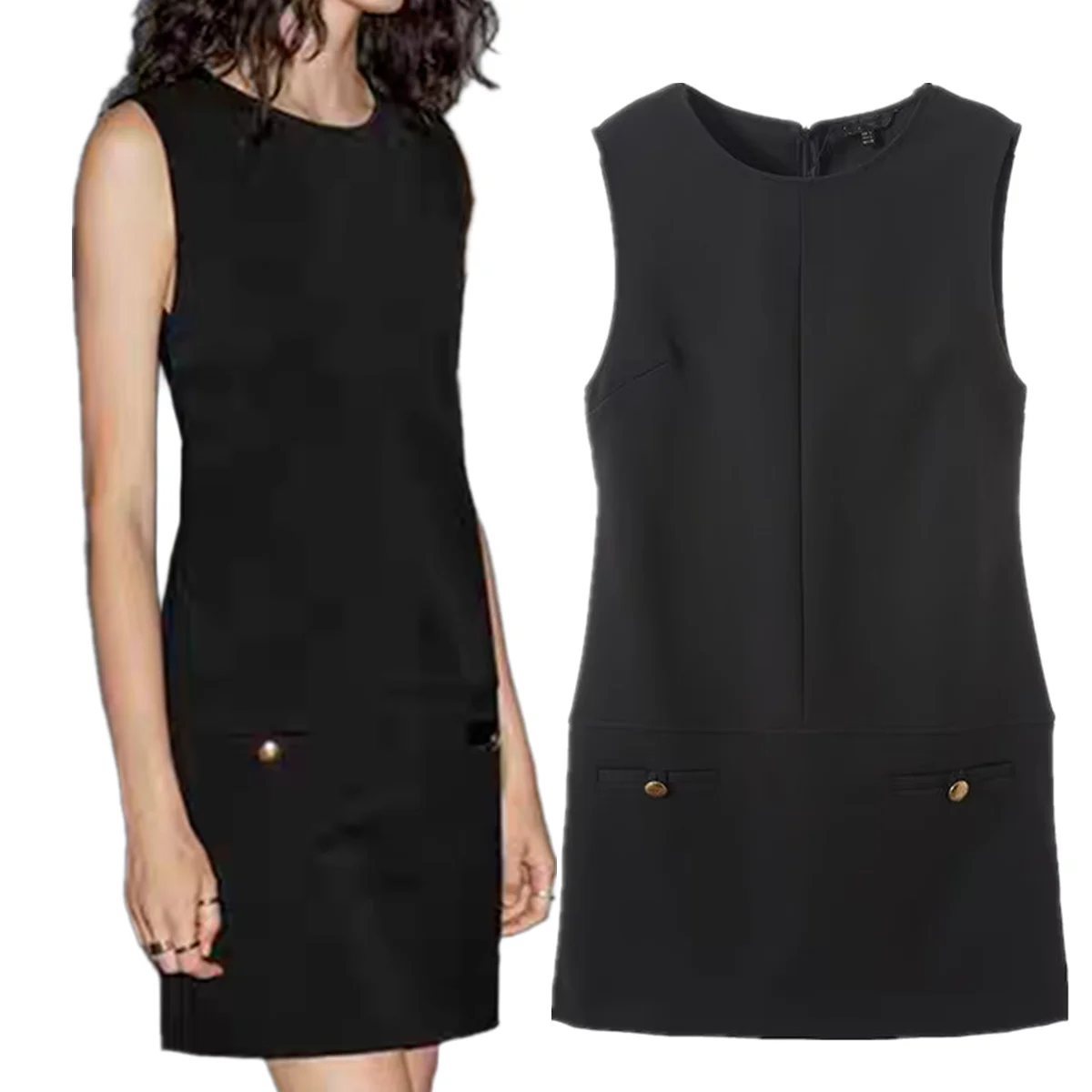 

Withered Autumn And Winter Women's Black Dress Minimally Elegant Gold Button Sleeveless Mini Dress Party Dresses Vestidos
