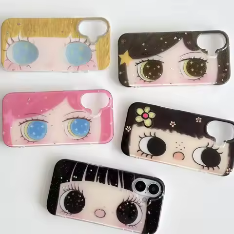 Kawaii Cute Black Big Eyes Cool Phone Case for Samsung Galaxy S25 S24 S23 S22 S21 FE Ultra Plus 4G 5G Feather Texture Back Cover