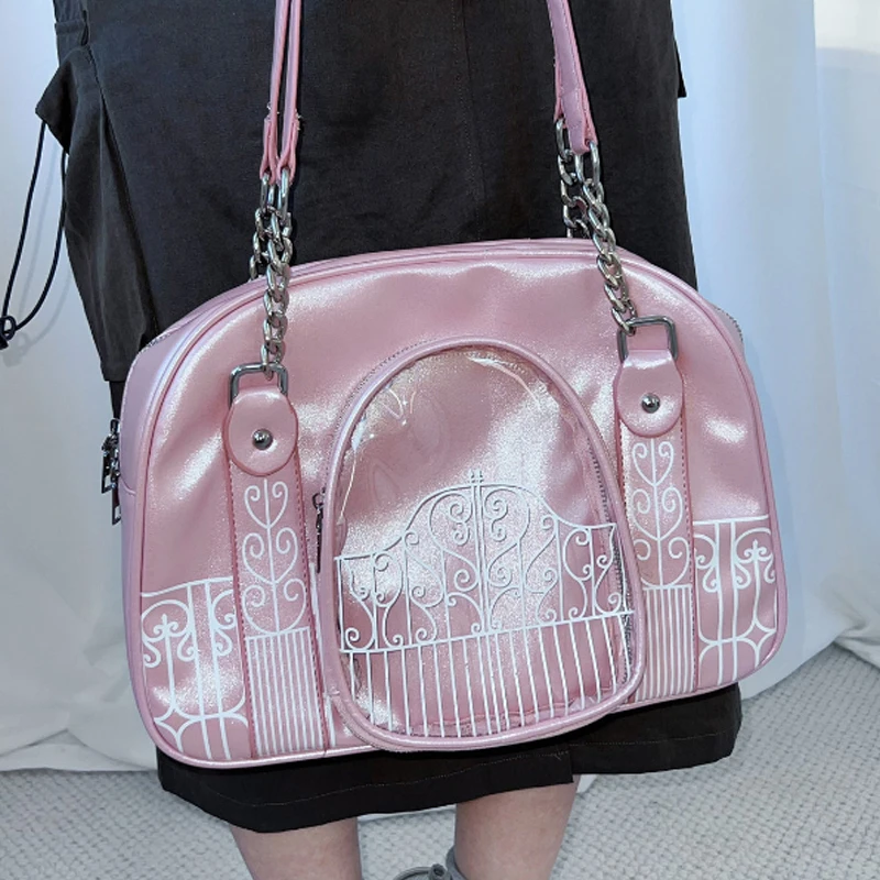 Gothic Ita Bag mit transparentem PVC-Fenster, Damen-Umhängetasche mit Eisentor-Design-Print, Vintage-Handtasche, schwarze Tragetasche – Detail 24