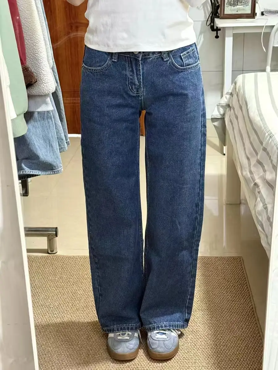 

Cleanfit Deep Blue Retro Men's Denim Jeans Spring Loose Wide Leg Straight Cut Casual Versatile mid Waist Zipper Fly Jeans