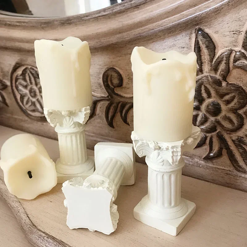 White Classical Artificial Candles Candlestick Candles Holder Resin Roman Column Statue Miniature Ornaments Home Decoration