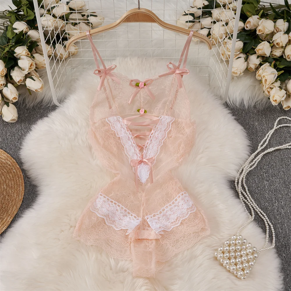 Sexy Transparent Lace Cross Strap Jumpsuit Flower Bow Bodysuit Slim Fit Sweet Erotic Pajama Lingerie Rompers Catsuit Bodycon