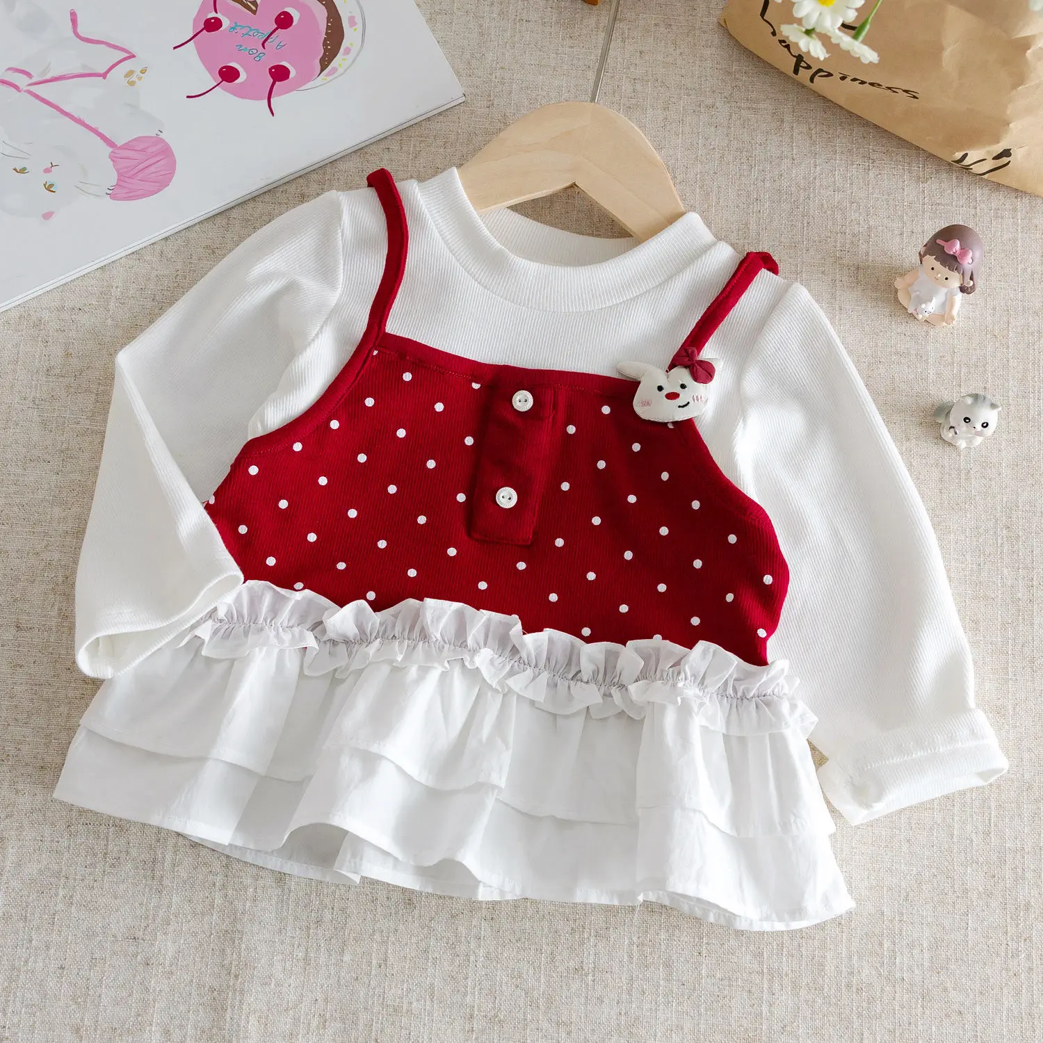Autumn Girls' Fake Two-Piece T-Shirt: Sweet Red Long Sleeve Base Shirt for  Toddler Girls