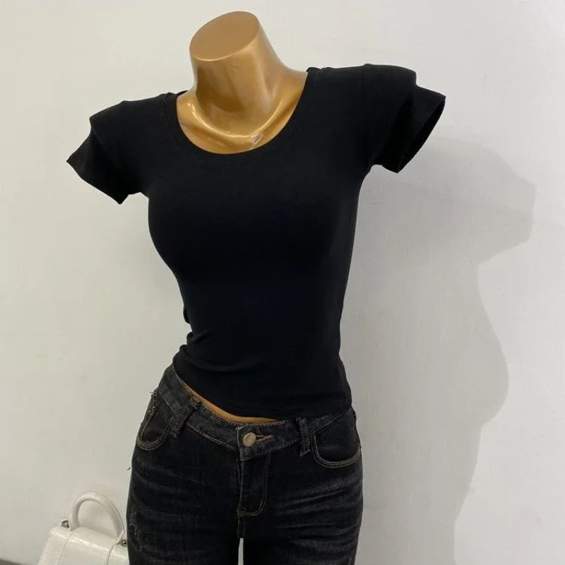 Wholesale Summer Women Crop Tops O Neck Short T Shirts Short Sleeve Solid Basic Slim T Shirt High Strecth Tight Female Top