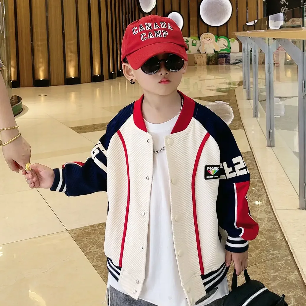 

Korean Boys' Baseball Jacket 2024 Spring Letter Printing Single Breasted Causal Fashionable Top Loose Patchwork 5-12 Years Old