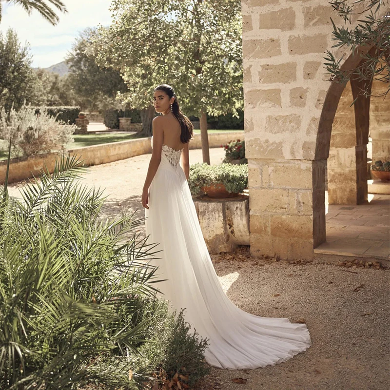 Sexy Wedding Dress Slit A Line Organza With Embroidery Ball Gown V-Neck Backless Sleeveless Bridal Vestido De Novia Customized