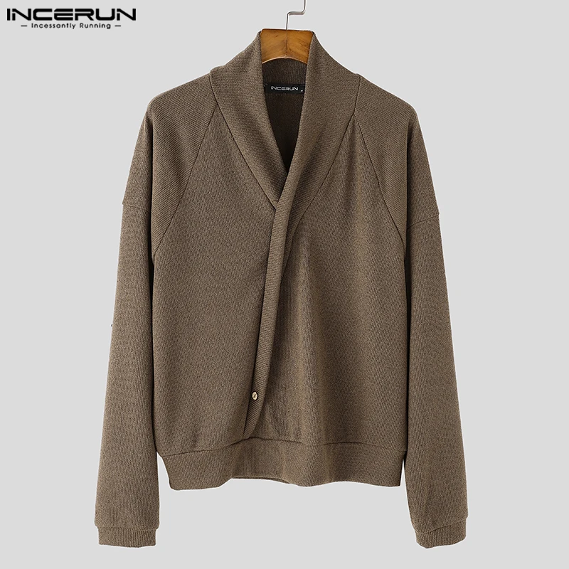 Fashion Well Fitting Tops INCERUN New Men Slanted Placket One Button Pullovers Casual Male Solid All-match Long Sleeved Sweaters