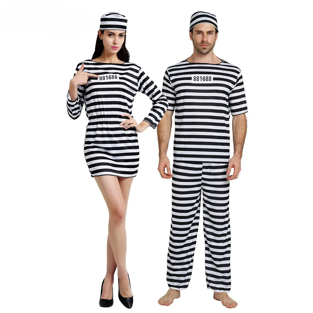 Costume de Cosplay de Prisonnier d'Halloween – Tenue de Détenu Rayée pour Hommes et Robe pour Femmes avec Chapeau – Idéal pour Fêtes et Spectacles
