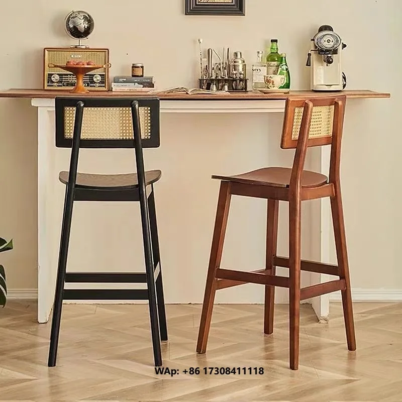 Vine Woven bar Chair, Nordic Japanese Style Home Retro High Stool, Backrest Chair, Retro Homestay bar Style bar Chair, Wooden