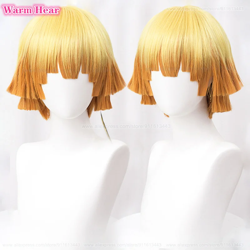 Anime Agatsuma Zenitsu Cosplay Wig Short 30cm Yellow Gradient Orange Wig Heat Resistant Synthetic Men Wigs Halloween + Wig Cap