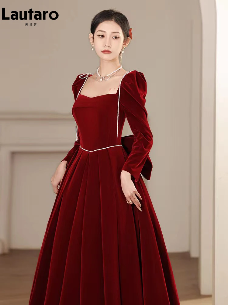 Lautaro Spring Extra Long Birthday Party Evening Velvet Maxi Dresses for Women Puff Sleeve Square Neck Luxury Elegant Clothing