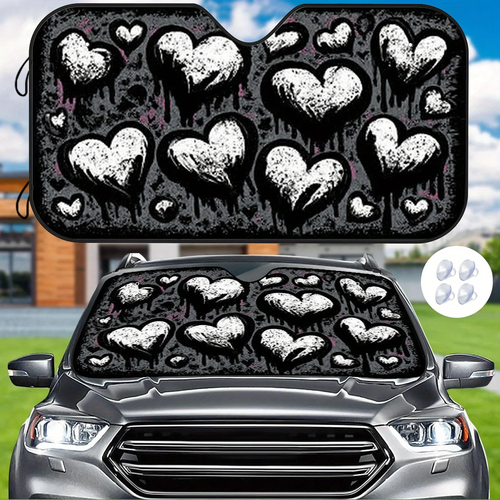 Doodle Heart Car Sunshade, Trendy Ink-splatter Heart-shaped Pattern, Insulates To Keep The Car Cool, Includes Suction Cups