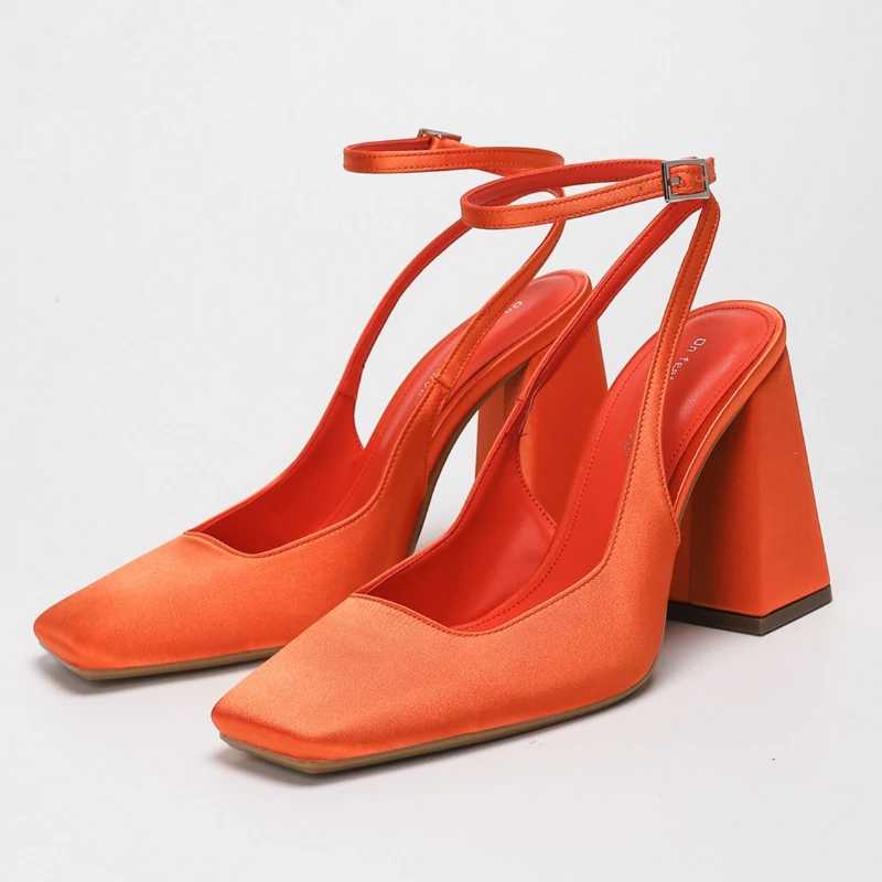

Elegant Chunky Heel Women Pumps Luxury Satin Square Toe Backless Designer Heeled Sandals Wedding Party Bridal Shoes for Ladies