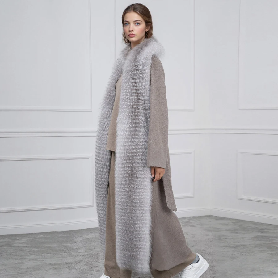 معطف طويل من الصوف المخلوط مع حواف فرو الثعلب سترة شتوية نسائية معطف فرو الثعلب الحقيقي معاطف صوف فاخرة للنساء