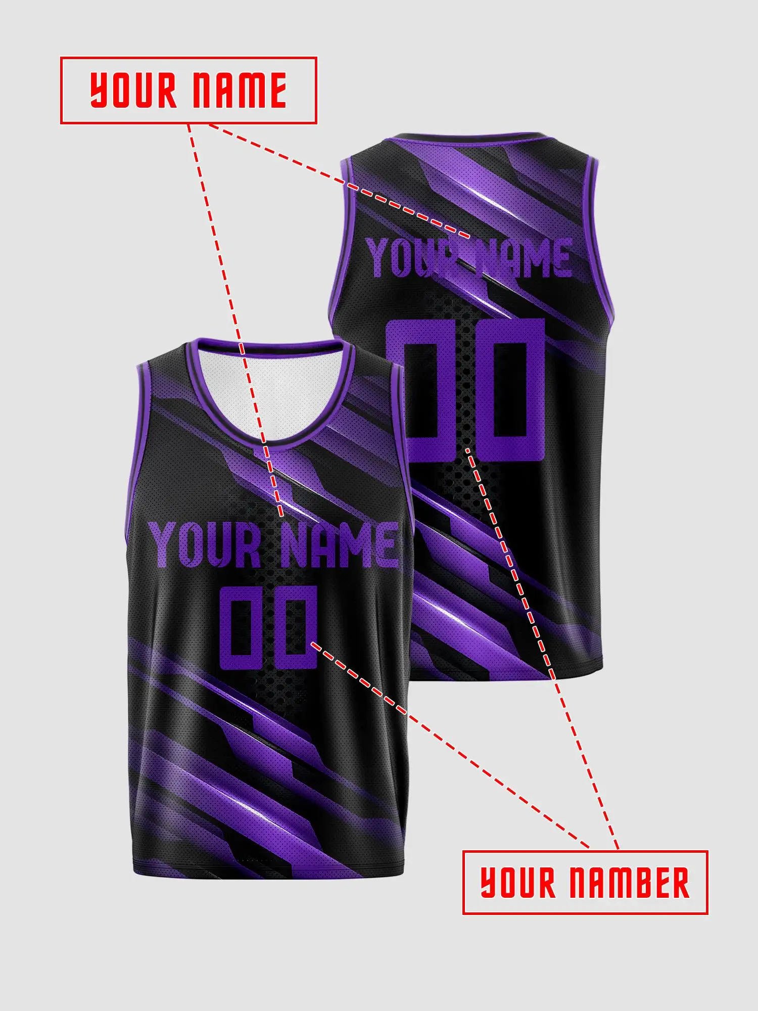 Black‑Purple Dynamic Stripe Custom Basketball Jersey, DIY Name & Number, Breathable Quick‑Dry Set For Adults & Kids