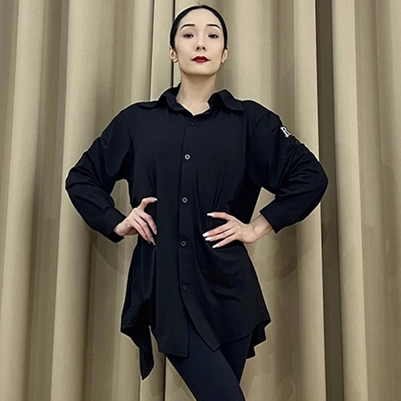 New Latin Dance Shirts For Women Long Sleeves Black Cardigan Adult Rumba Cha Cha Samba Dance Practice Clothes Loose Dress V19177 - Image 4