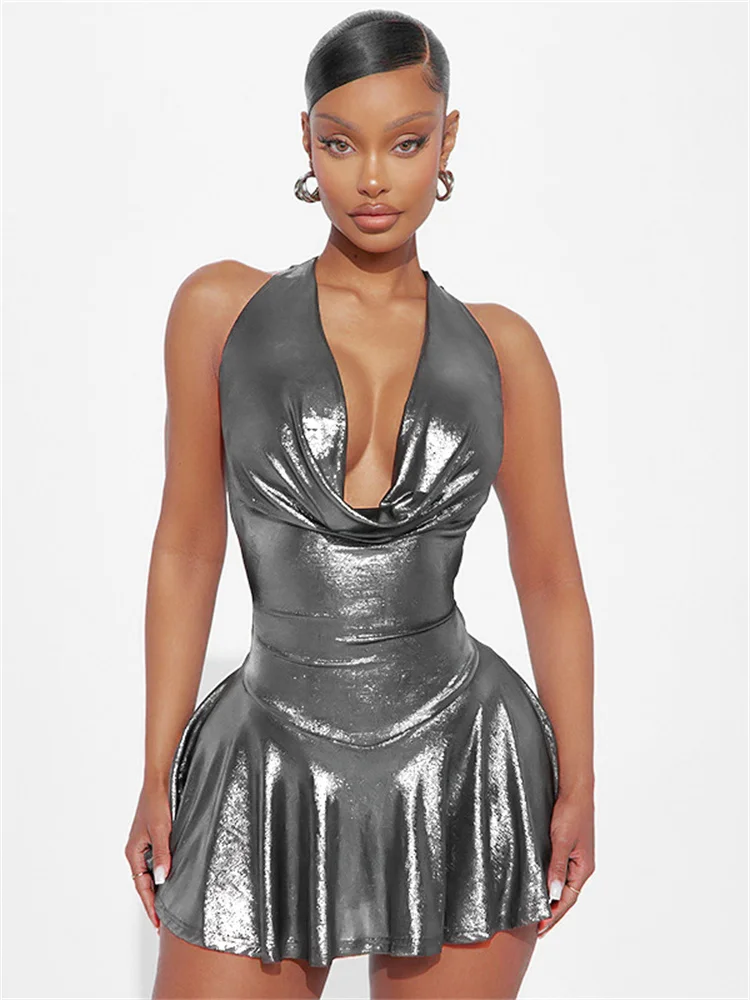 Estranho gato bandagem halter vestido feminino bruched baixo pescoço sem costas sem mangas babados meia-noite rua tendência metálico mini bodycon