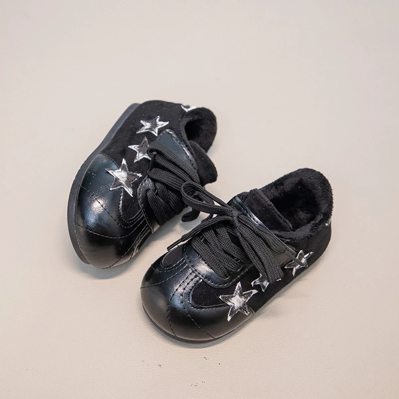 Kids Star Patch Fleece‑Lined Retro Sneakers, Toddler Faux Lace‑Up Hook‑and‑Loop Warm Winter Flat Shoes