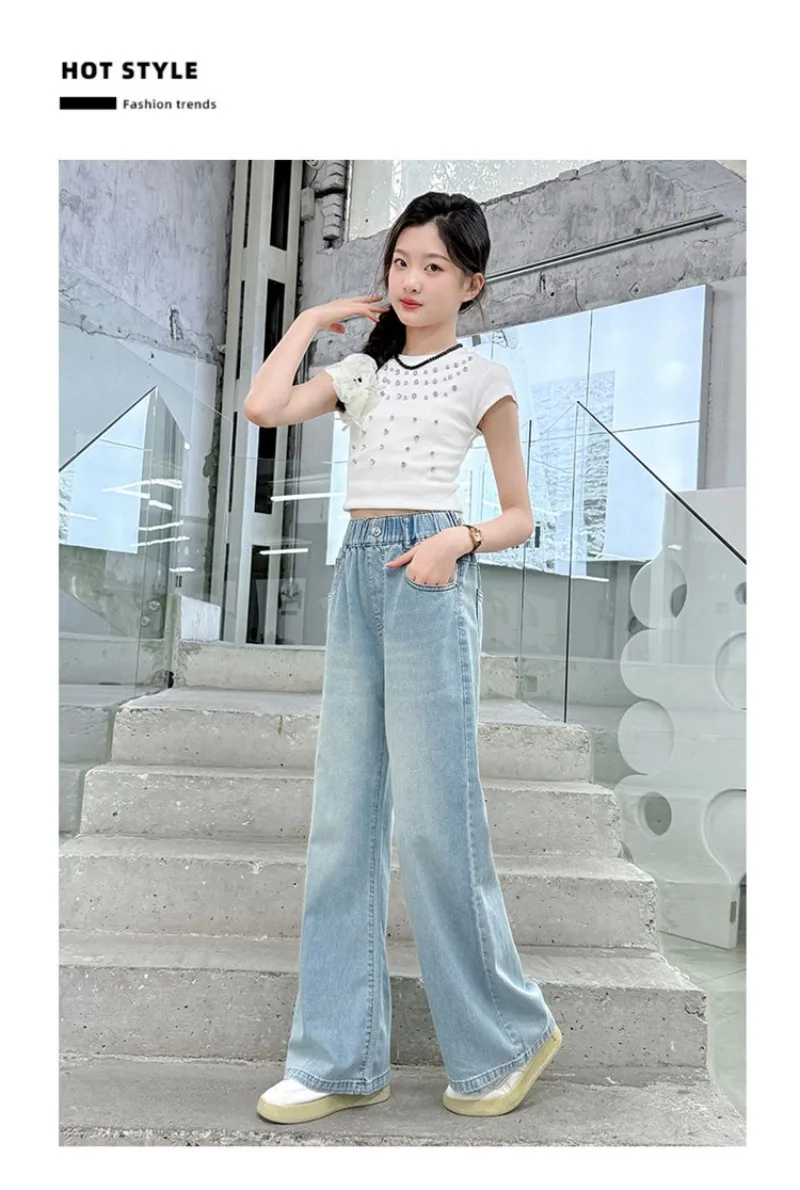 OLEKID Frühlings-Jeans für Mädchen mit Taschen, Kinder-Denim-Hose mit lockerem, elastischem Bund, 4-14 Jahre, Mädchenhose, Babyhose – Detail 12