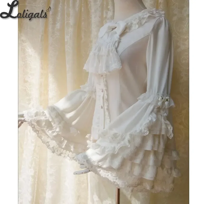 Vintage Lolita Shirt Women\'s Chiffon Blouse with Gorgeous Long Lace Flare Sleeves