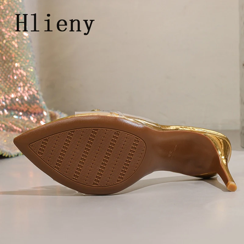 

Hlieny Fashion Crystal Buckle Pointed Toe Women Slippers PVC Transparent Summer Thin High Heels Party Banquet Female Slides Shoe