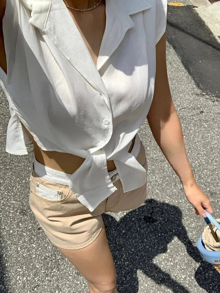 East Gate No-Sve Belted Casual irt Women Summer ort Crop Top Loose Knot Collar Blouse Thin Non-Stretch Cotton Blend