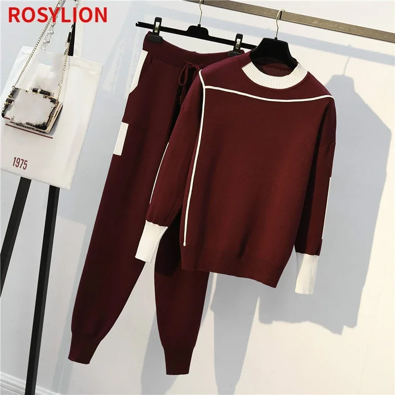 Winter Fashion Knitted Women 2 Piece Set Tracksuit Female Two Piece Set Top and Pants Sportwear Sweater Suit Large Size Ladies