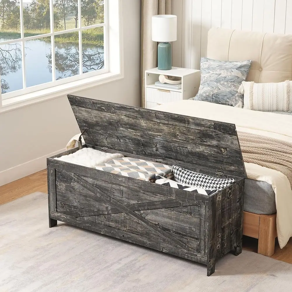 صندوق تخزين على الطراز الخشبي باللون الرمادي العتيق، صندوق ألعاب متين للمدخل مع مفصلات أمان، أثاث غرفة المعيشة وغرفة النوم، 47