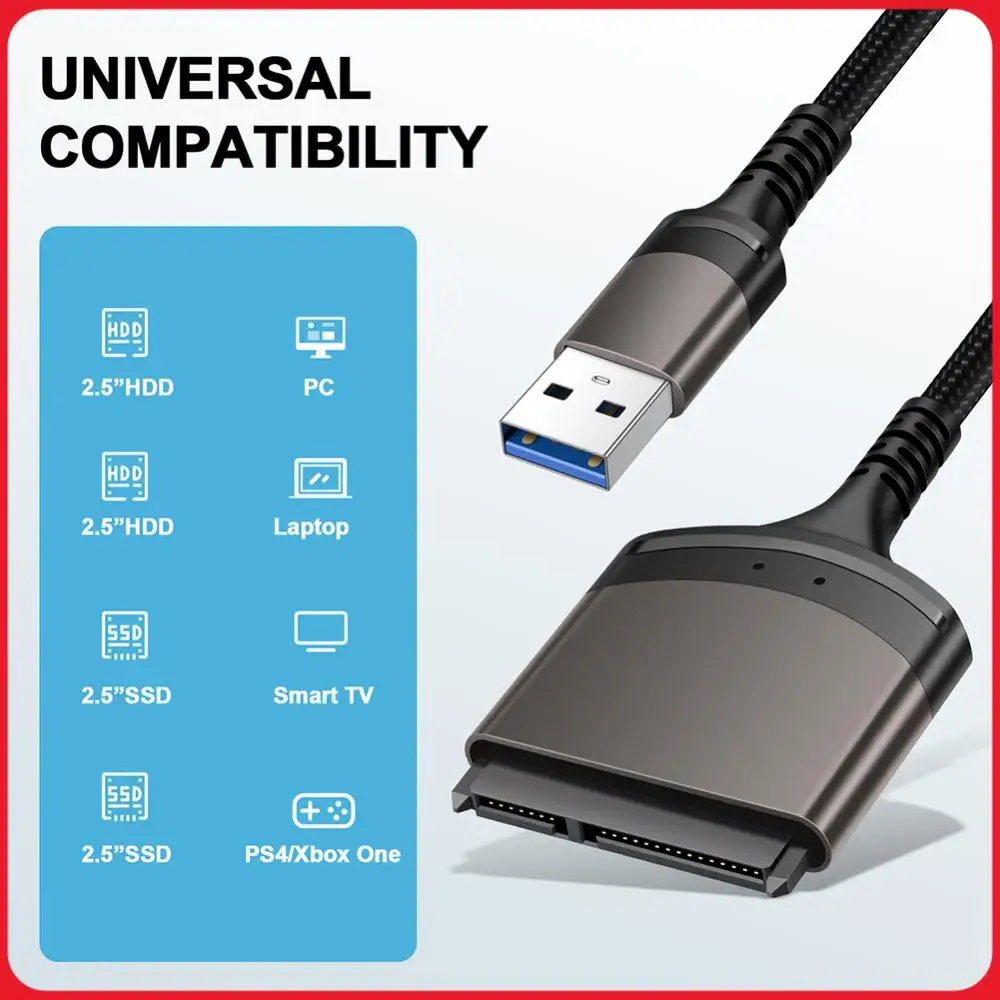 USB 3.0/Type C To SATA Cord Aluminum Shell External Converter Support Windows/MacOS/Chrome OS/Linux 1 Gbps for 2.5 Inch SSD HDD