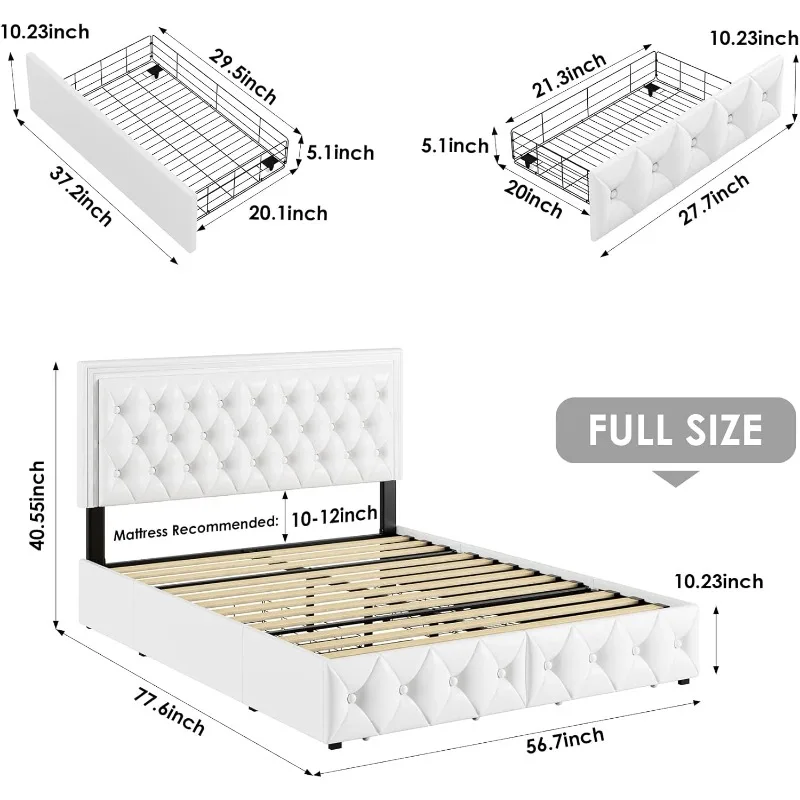 Full Upholstered LED Bed Frame with 4 Drawers, with Adjustable Button Tufted Headboard and Solid Wooden Slats Support, White