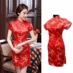 Artı boyutu 5XL 6XL Qipao kadın seksi Mini bölünmüş Cheongsam Vintage Mandarin yaka kısa Qipao geleneksel çin elbisesi Vestidos