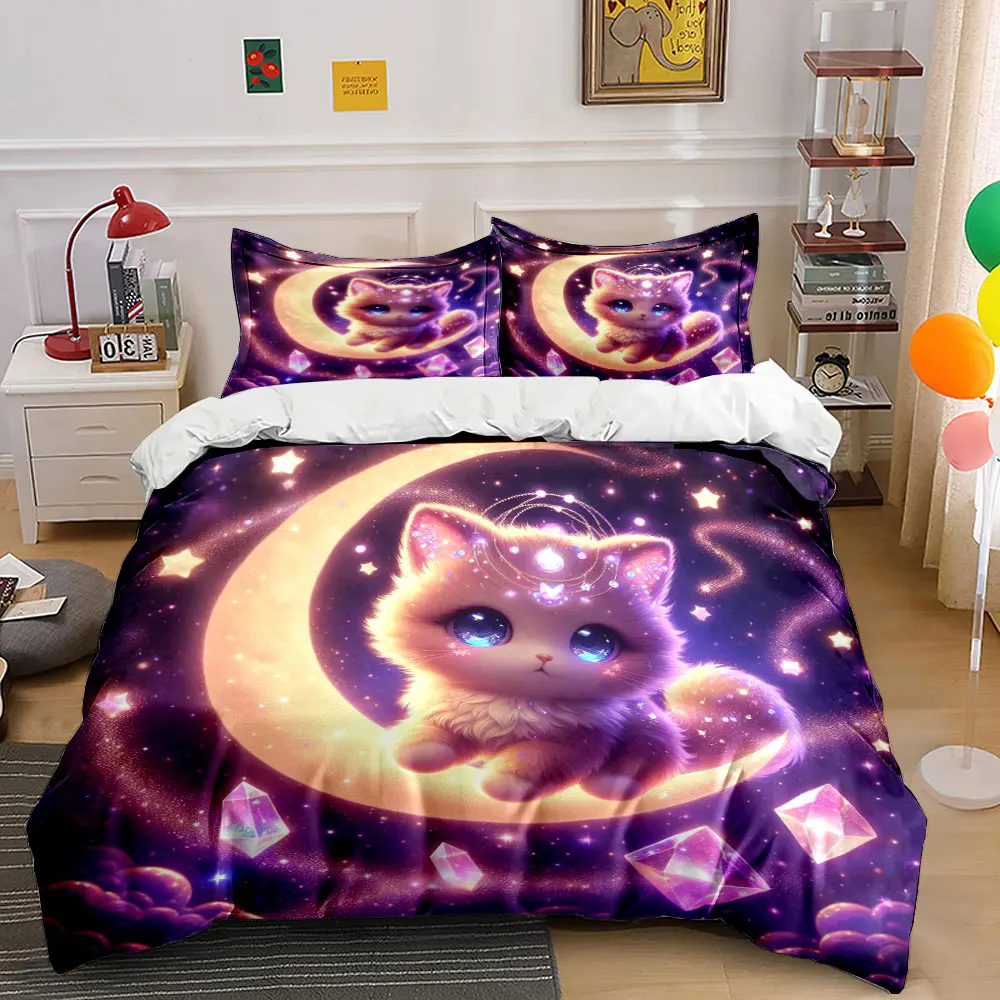 

Dreamy Starry Sky Moon Cats and Gems Printed Duvet Cover Set1 Duvet Cover+2 PillowcaseMulti Size Bedroom Bedding Decor