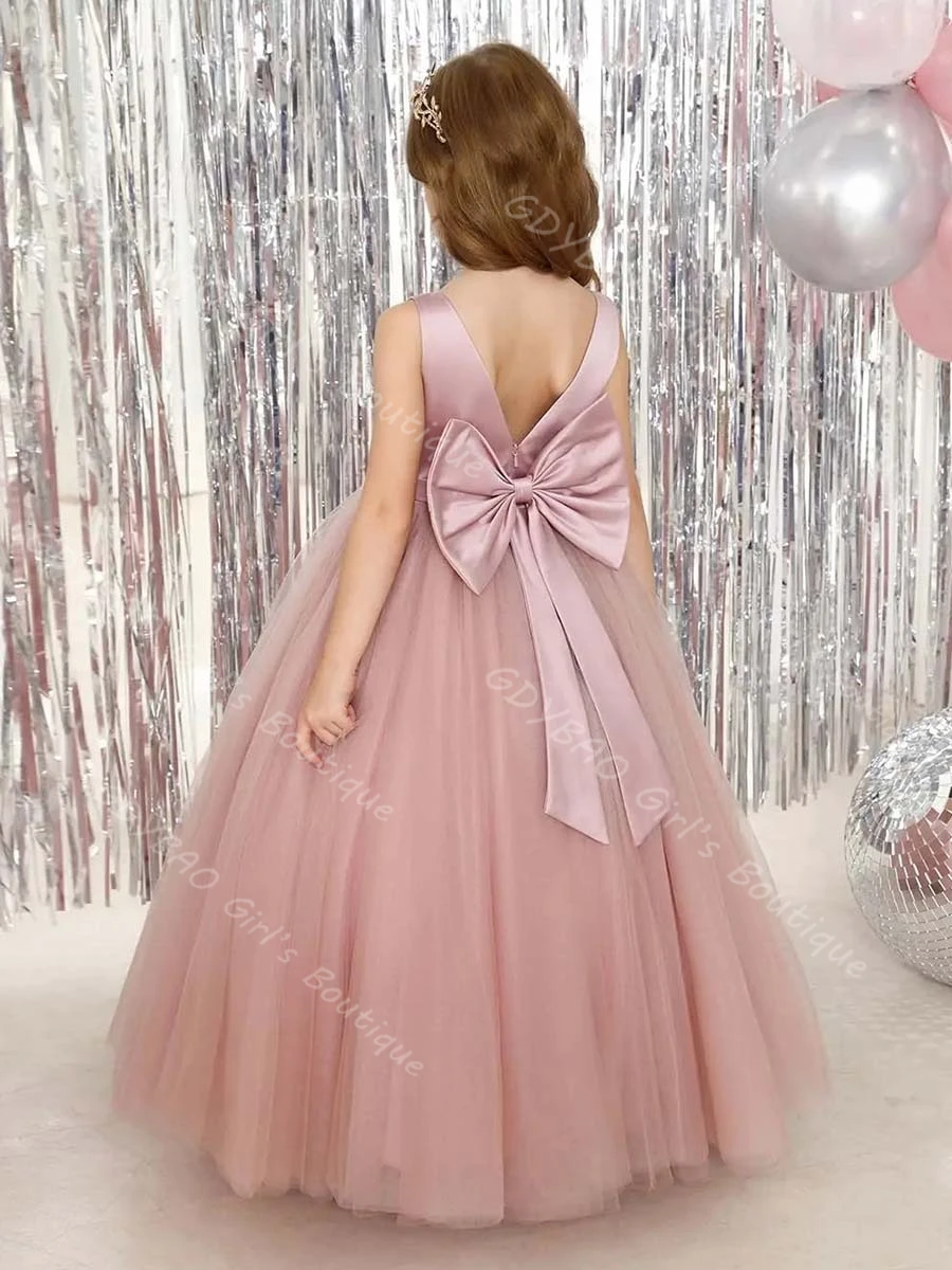 

Ankle Length Flower Girl Dress for Wedding Toddlers Double V Neck Communion Dress With Bow 2-14 Kids Custom Birthday Ball Gown
