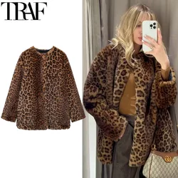 TRAF Parkas Womens Coats Winter Leopard Faux Fur Coat Warm Vintage Autumn Plush Jacket Outerwear Long Sleeve Furry Coats Woman