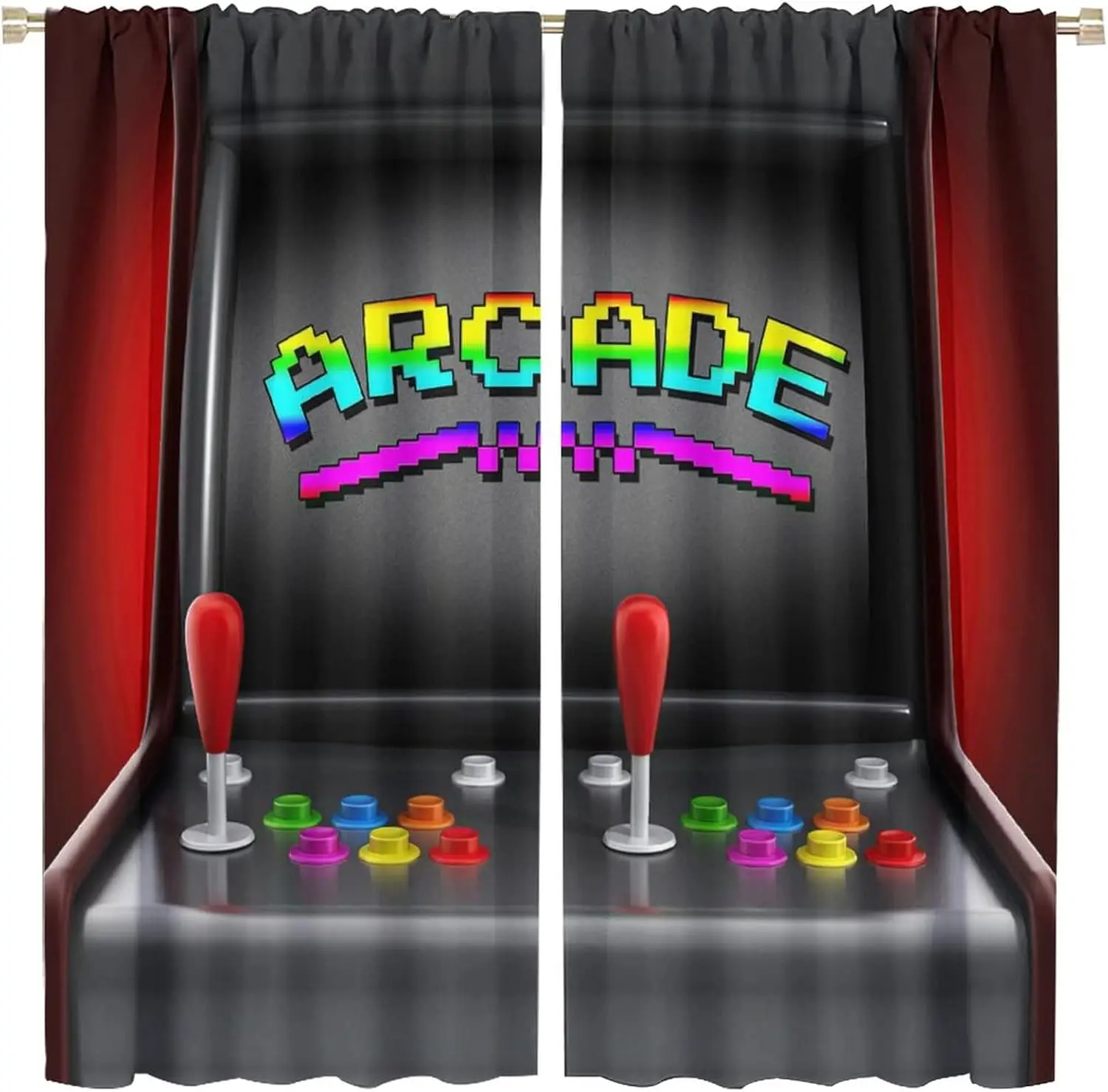Retro Arcade Game Rod Pocket Curtain Pixel Arcade Word Joystick Color Buttons Print Teen Gaming Room Bedroom Home Decor
