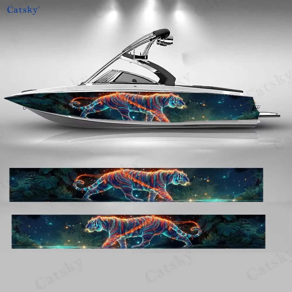 Colorful Neon Tiger Glow Forest Pond Firefly Boat Sticker Vinyl Ship Pontoon Deck Boat Fishing Decorative Pontoon Boats Decal