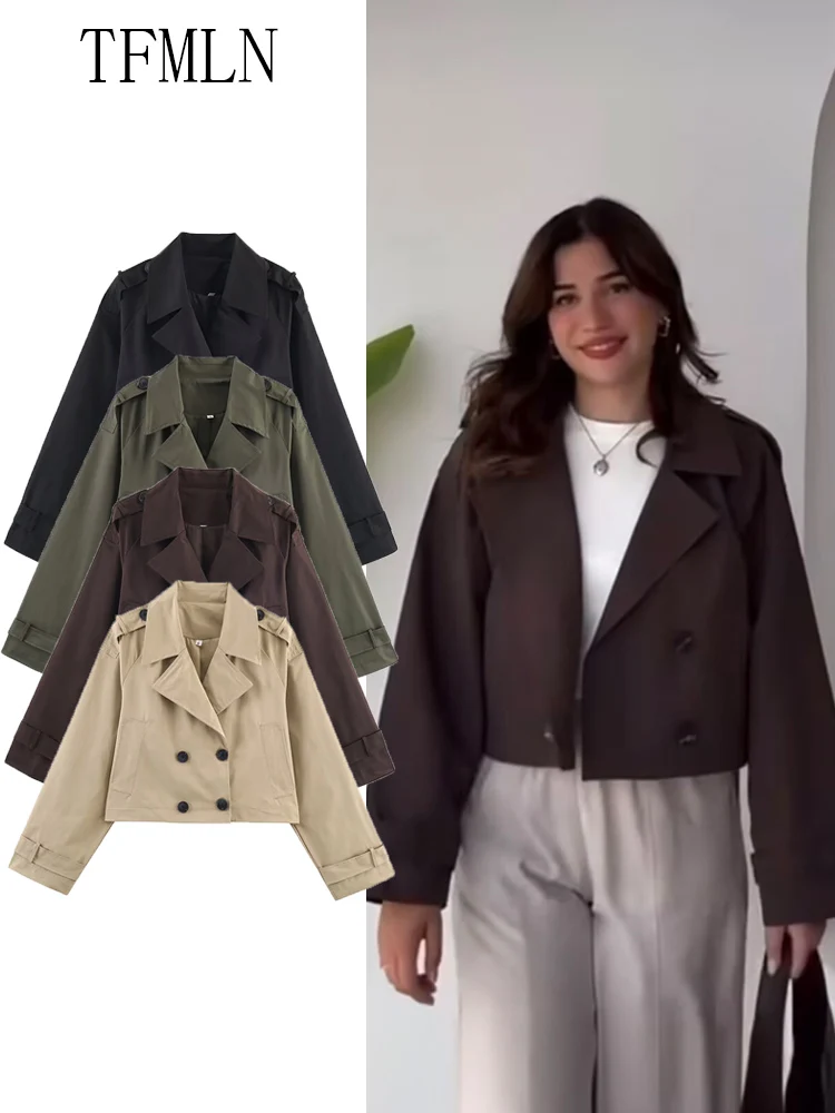 

TFMLN модные двубортные укороченные плащи для женщин, осень 202, повседневная куртка с длинными рукавами и зубцами, уличный однотонный топ