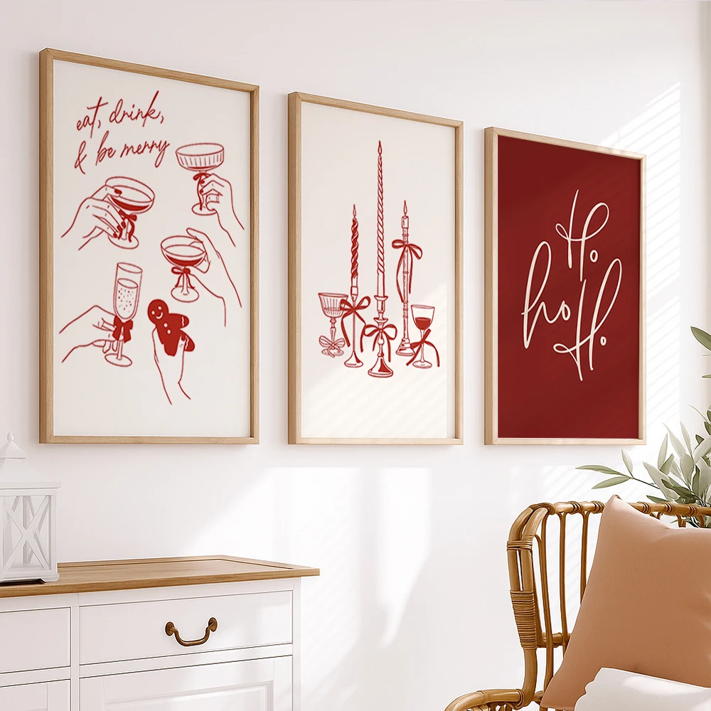 Christmas Abstract Kitchen Poster Wall Art Canvas Print Modern Classic Burgundy Painting For Living Room Eat Drink Home Decor