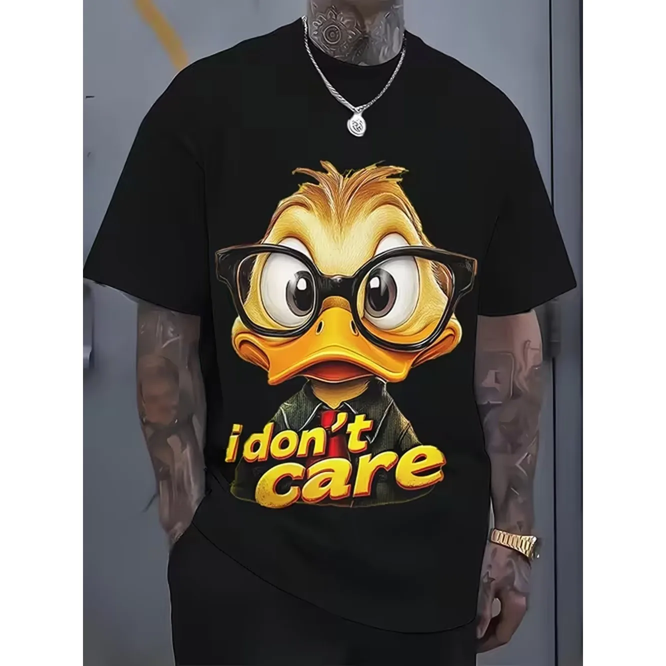 Mens Humorous I Dont Care Angry Duck Glasses T Shirt Lightweight Yellow Soft Breathable Short Sleeve Round Neck Tee Suitable For Everyday Streetwear Quirky Funny Outfits Casual Wear Machine Washable Humor Clothing