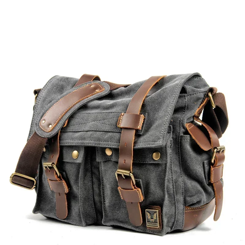 Engrossado primeira camada de couro impermeável lona encerada maleta masculina retro bolsa de ombro portátil mensageiro saco de viagem