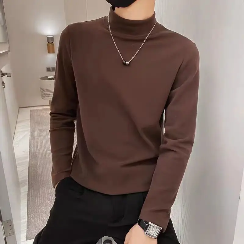 Camisetas ajustadas de manga larga para hombre, ropa cómoda de cuello alto, Color sólido, moda informal, combina con todo, popular, guapo