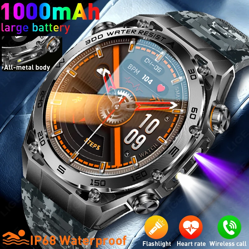 

Military Smart Watch Men 1000mAh Battery Outdoor LED Flashlight Waterproof Heart Rate Sport BT Call 1.53" AMOLED Smartwatch 2026