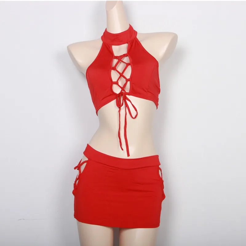 Kophia 2024 Sexy Lace-Up Bikini Set Red Sexy Hollow Halter Tops+Skirt Two Piece Bikinis Women's Swimsuit Bathing Suit Beachwear