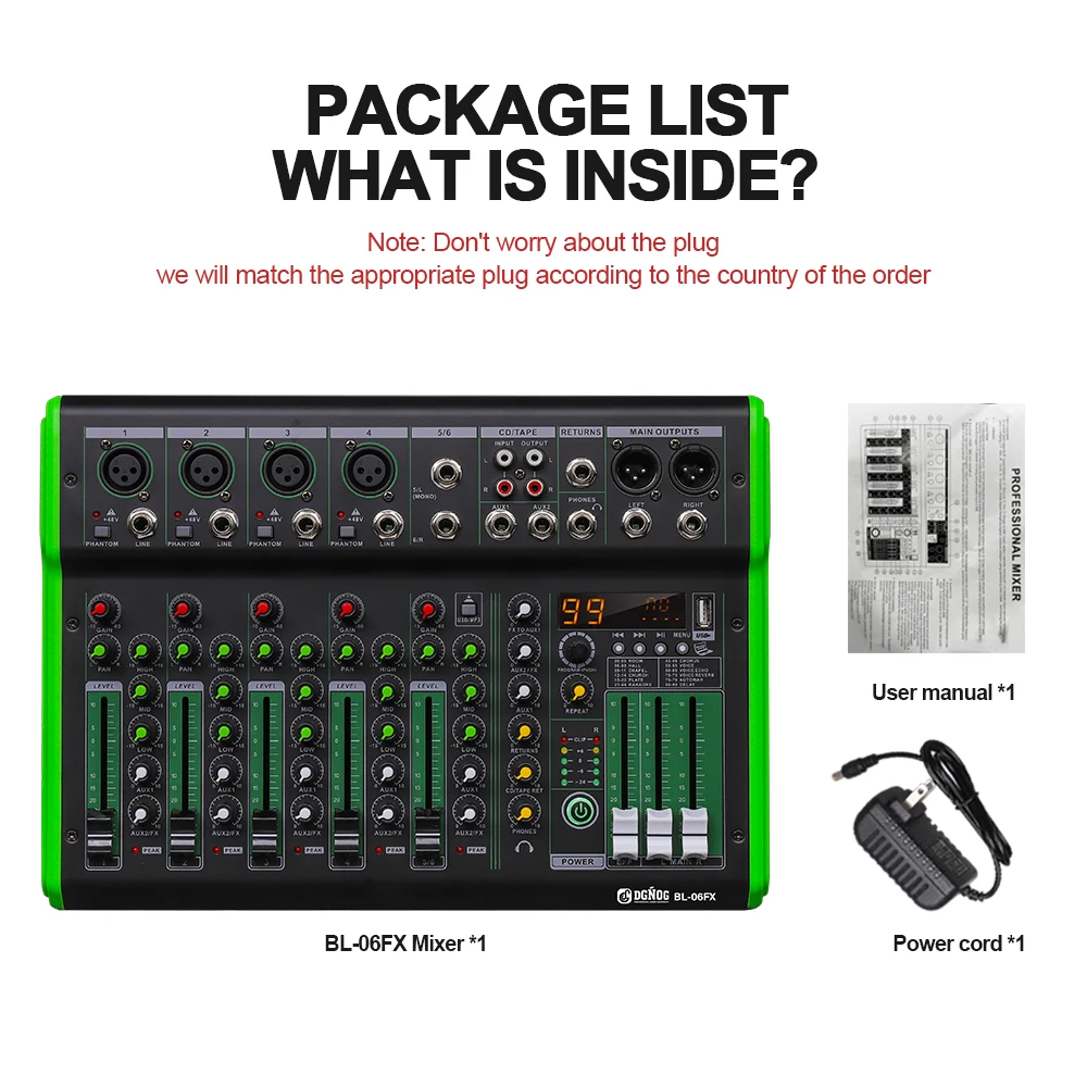 DGNOG BL-06FX 6-канальный аудиомикшер с эффектом 99DSP, 48 В, фантомное питание, Bluetooth, USB, DJ-консоль, караоке-микшер для сцены и студии