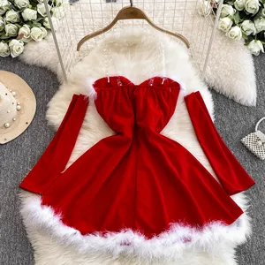 Mini haariges Kleid ohne weibliche Gurte, sexy Kleid, elegant, rot, Weihnachtsfeier, Neujahr, 2024 8 Hauptverkäufe kurzes rotes Rundkleid - №7