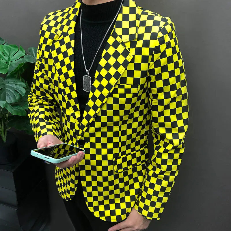 

Black Yellow Color Contrast Grid Streetwear Hip Hop Singer Dancer Coat Stage Costumes Men Single Button Slim Suit Blazer Jacket