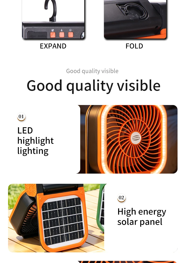 Solarbetriebener Campingventilator, tragbarer, wiederaufladbarer Tischventilator für den Außenbereich mit LED-Licht, Powerbank, Klapphaken für Zelt und Angeln – Detail 13